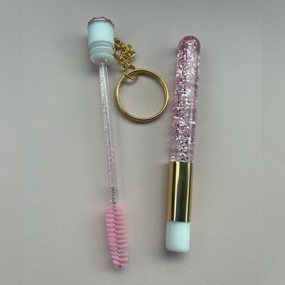 Eyelash Extension Aftercare Kit pink glitter gold keychain Lash Shampoo Brush